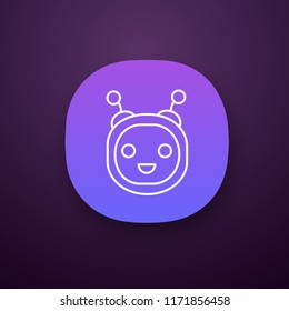 Chatbot app icon. UI/UX user interface. Talkbot. Modern robot. Round head laughing chat bot. Virtual assistant. Conversational agent. Web or mobile application. Vector isolated illustration