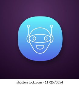 Chatbot app icon. UI/UX user interface. Talkbot. Modern robot. Android laughing chat bot. Virtual assistant. Conversational agent. Web or mobile application. Vector isolated illustration
