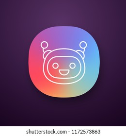 Chatbot app icon. UI/UX user interface. Talkbot. Laughing chat bot. Modern robot. Virtual assistant. Conversational agent. Web or mobile application. Vector isolated illustration