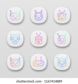 Chatbot app icons set. UI/UX user interface. Modern robots emojis. Laughing, happy chat bot smileys. Virtual assistants. Web or mobile applications. Vector isolated illustrations