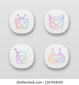 Chatbot app icons set. UI/UX user interface. Talkbots. Laughing virtual assistants. Conversational agents. Modern robots. Web or mobile applications. Vector isolated illustrations