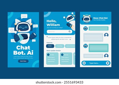 A chatbot app interface featuring a friendly robot character. The design includes a welcome screen, chat interface, and feature highlights. The color scheme is blue and white.