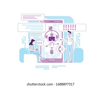 Chatbot app thin line concept vector illustration. Online communication application. People talking with bot 2D cartoon characters for web design. Social networks support service creative idea