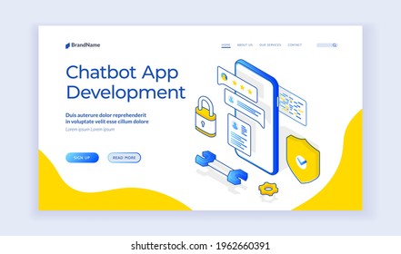 Chatbot appdevelopment. Landing page template. Vector isometric illustration of smartphone with contemporary chatbot and development symbols on modern web banner. Isometric web banner