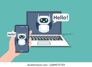 Chatbot-Anwendung auf einem Laptop und Smartphone. Künstliche Intelligenz sagt Hallo für Hilfe. Chatte mit ai. Vektorgrafik-Flachdesign für Banner, Vorlage und Hintergrund.