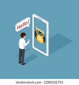Chatbot application on a computer smartphone. Artificial intelligence say hello for help service. Chat by ai. Vector illustration isometric flat design for banner, template, and background.