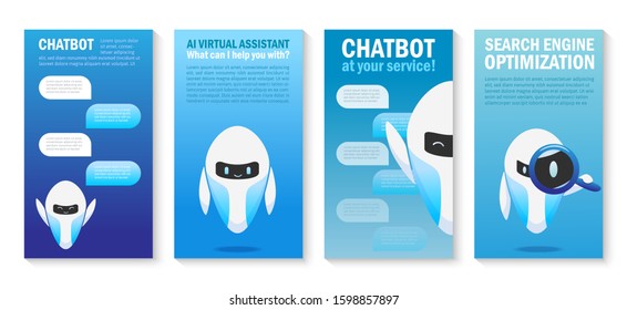 Chatbot application screen mockup or templates with various chatbots. AI virtual assistant and search optimization. Vector flat illustration