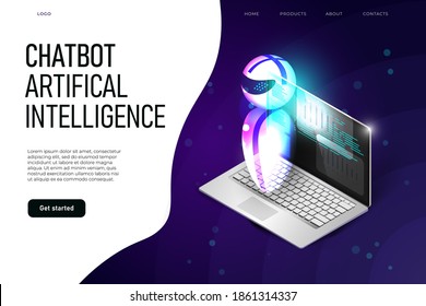 Chatbot Artifical Intelligence Landing Page Template With Flying Robot And Isomteric Laptop