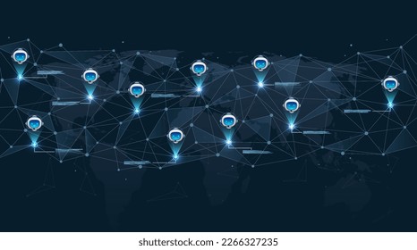 Chatbot with artificial intelligence. AI hologram on world map with network connections.
