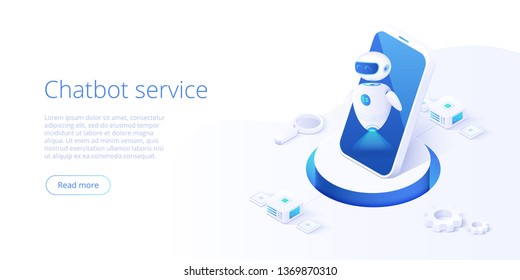 Chatbot or artificial intelligence network concept in isometric vector illustration. Neuronet or ai technology background with robot head and connections of neurons. Web banner layout template.