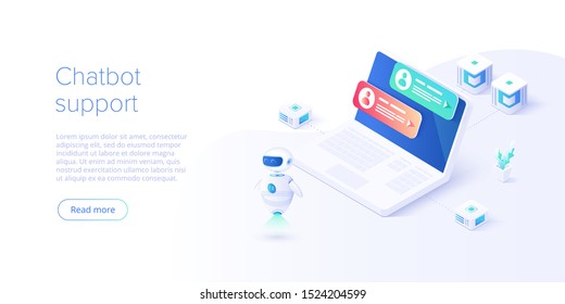 Chatbot or artificial intelligence network concept in isometric vector illustration. Neuronet or ai technology background with robot head and connections of neurons. Web banner layout template.