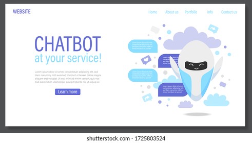 Chatbot or artificial intelligence network concept. Neuronet or ai technology background with robot chatbot and messages. Landing page template,web banner. Flat cartoon vector illustration