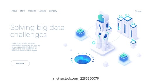 Chatbot or artificial intelligence network concept in isometric vector illustration. Neuronet or ai technology background with robot head and connections of neurons. Web banner layout template