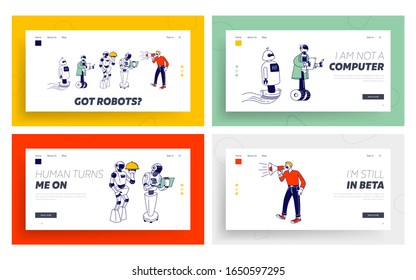 Chatbot Assistance, Human and People Interaction Website Landing Page Set. Cyborgs Waiter, Business Assistant Bot Answering Questions Online Web Page Banner. Cartoon Flat Vector Illustration, Line Art