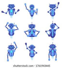 Asistencia de Chatbot. Tecnología de robótica, asistente digital, personajes vectores futuristas androides