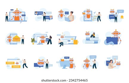 Chatbot assistance services flat set of icons with human characters and robots isolated vector illustration