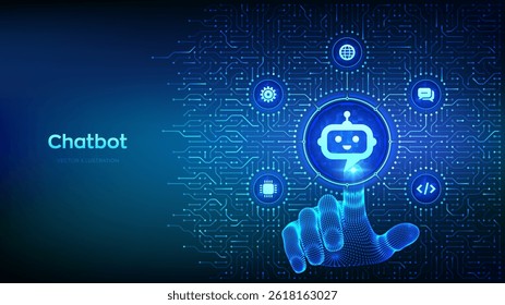 Chatbot. Chatbot assistant app. Smart assistant. AI. Artificial intelligence technology concept. Background with circuit board connections and tech icons. Hand pressing button. Vector Illustration.