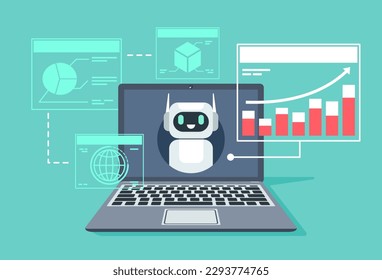 Aplicación de asistente de Chatbot en un ordenador portátil. Servicio de ayuda de inteligencia artificial para la gestión de datos empresariales. Chat bot de ai. Diseño plano de la ilustración vectorial para la pancarta y el fondo.