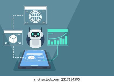 Chatbot assistant application on a smartphone computer. Artificial intelligence help service for management business data. Chat bot by ai. Vector illustration flat design for banner, and background.