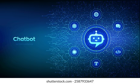 Chatbot. Chatbot assistant application. Smart assistant. AI. Artificial intelligence technology concept. Neural network. Background with circuit board connections and tech icons. Vector Illustration.