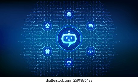 Chatbot. Chatbot assistant application. Smart assistant. AI. Artificial intelligence technology concept. Neural network. Background with circuit board connections and tech icons. Vector Illustration.