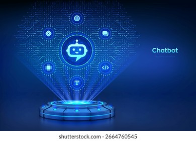 Chatbot. Aplicativo assistente do Chatbot. Assistente inteligente. IA Inteligência artificial. Plataforma holográfica com raios brilhantes projetando um ícone Chatbot feito de linhas de placa de circuito. Ilustração vetorial.