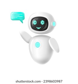 Chatbot assistant character in the form of a robot with artificial intelligence in 3D style. Isolated.Cute and friendly.Vector stock illustration.