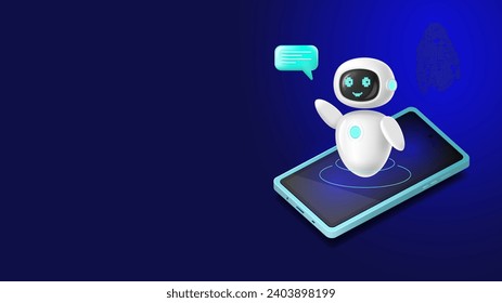 Chatbot assistant character is a robot with a smartphone and has artificial intelligence in 3D style. Banner with copy space. Nice and friendly. Vector illustration .