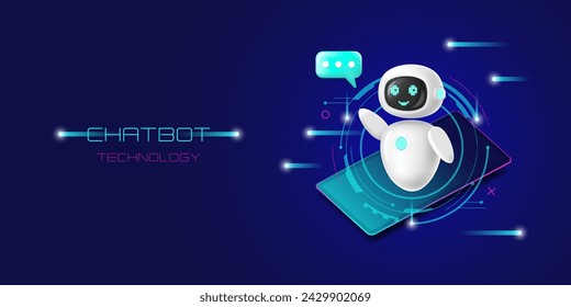 Chatbot assistant character is a robot with a smartphone and has artificial intelligence in 3D style. Banner. Nice and friendly. Vector illustration .