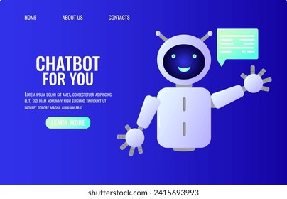 Chatbot assistant form robot with ai 3d. Cute friendly bot neural network. Website design of social networking applications. Vector illustration.