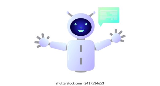 Chatbot assistant form robot with ai 3d. Cute friendly bot neural network. Isolated white background. Website design of social networking applications. Vector illustration.