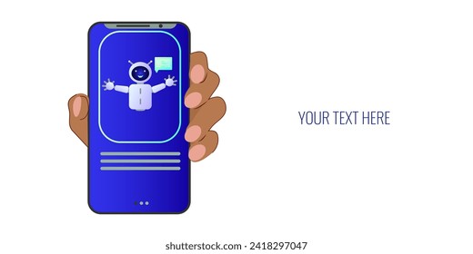 Chatbot assistant form robot with ai 3d. Cute friendly bot neural network. Hand holding the phone. Website design of social networking applications. Vector illustration.