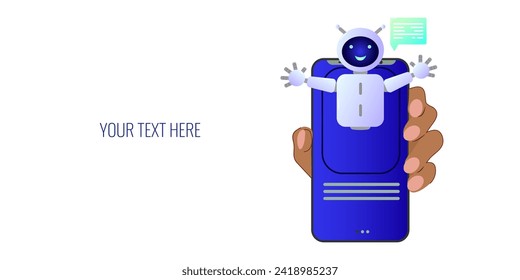 Chatbot assistant form robot with ai 3d. Cute friendly bot neural network. Hand holding the phone. Place for text. Website design of social networking applications. Vector illustration.