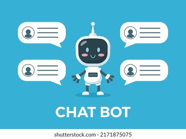 Chatbot assistant friendly robot character with pop up message boxes, flat cartoon vector illustration isolated on blue background. Customer support robotic service.