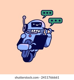 Chatbot assistant. Happy robot with tablet take notes. Conversation with AI in chat bot. Virtual helper writing answer questions in messenger. Online communication. Flat isolated vector illustration