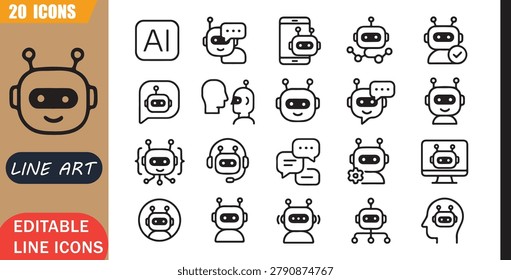 Chatbot assistant icons set, 20 editable line art icons set, ai chatbot virtualassistant, automation communication technology, digital support smart, innovation theme style, clean outline vector