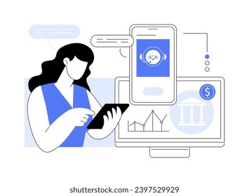 Chatbot assistant isolated cartoon vector illustrations. Young woman with smartphone using chatbot help, online banking service assistant, professional finance software vector cartoon.
