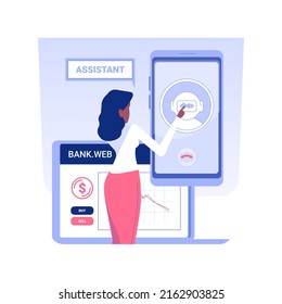 Chatbot assistant isolated concept vector illustration. Woman with smartphone using bank chatbot assistant, modern technology, corporate banking, virtual voice robot help vector concept.