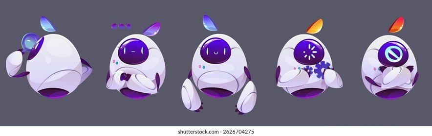 Chatbot assistant mascots set isolated on background. Vector cartoon illustration of artificial intelligence bot characters using magnifying glass for search, thinking, fixing error, AI chat character