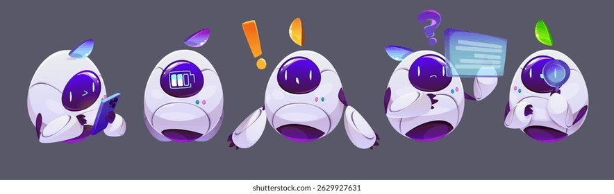 Chatbot assistant mascots set isolated on background. Vector cartoon illustration of bot character fixing smartphone, using magnifying glass for search, showing battery charge, AI chat character