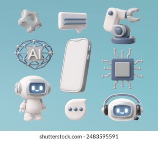 Chatbot assistant, robotic hand, Artificial intelligence machine, smartphone, speech bubble, microchip 3D render vector set. Digital technology, neural network. Electronic devices, AI support service