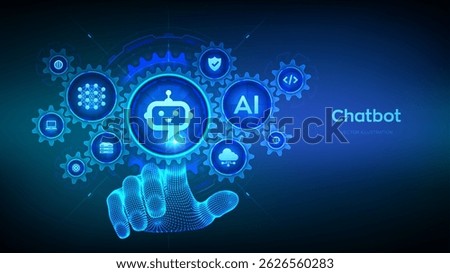 Chatbot. Chatbot assistant. Smart assistant. AI. Artificial intelligence technology concept. Neural network. Hand touching digital interface with connected gears cogs and icons. Vector illustration.