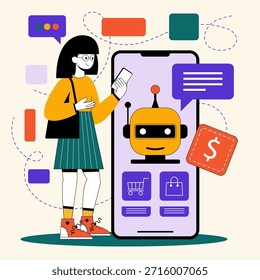 Chatbot assists user with customer support for online shopping tasks in vector style