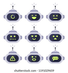 Chatbot avatar. Computer chat bots, android robot facial expressions and robotic cyborg head. Robots digital assistant adviser chatterbot face with antenna logo or bot vector isolated icon set