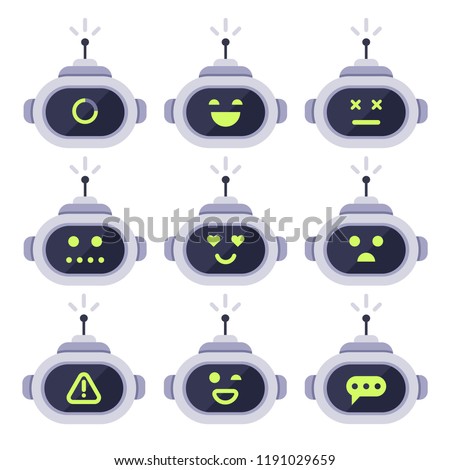 Chatbot avatar. Computer chat bots, android robot facial expressions and robotic cyborg head. Robots digital assistant adviser chatterbot face with antenna logo or bot vector isolated icon set