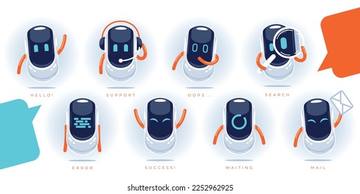 Chatbot avatar icons set. Cartoon robot character vector icons for web design and mobile app.