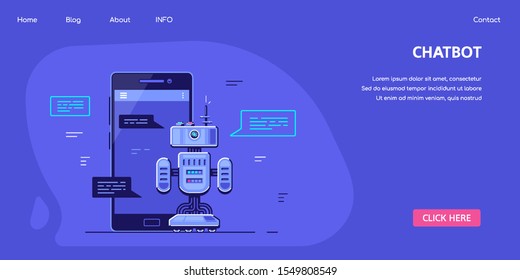 Chatbot Banner Concept Design, Horizontal Business Banner Template With Illustration of Robot in front of Smartphone. Flat Style Stock Vector Illustration