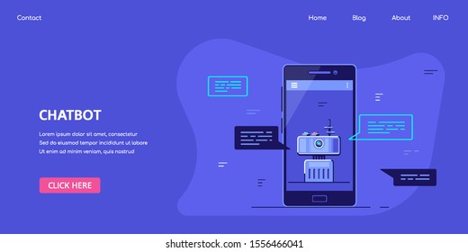 Chatbot Banner Concept Design, Horizontal Business Banner Template with Illustration of Smartphone with Robot on its Screen. Flat Style Stock Vector Illustration