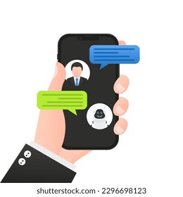 Chatbot banner concept. Horizontal business banner template with an illustration of a person interacting with a chatbot in a smartphone. Support service bot. Vector illustration