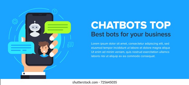 Chatbot banner concept. Horizontal business banner template with illustration of man chatting with chat bot in smartphone. Vector cover header background template in flat style with place for text